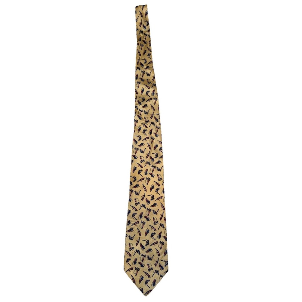 American Angler Neck Tie Fisherman Lure 100% Silk Yellow Blue USA